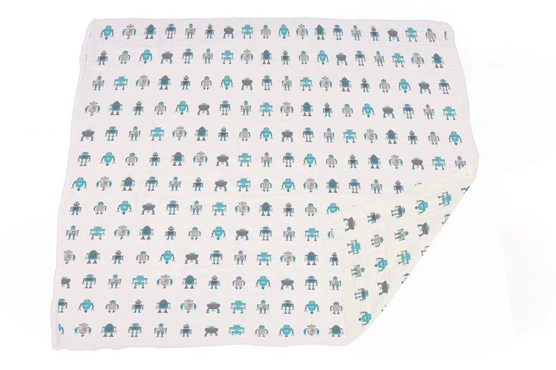 Robots Cotton Muslin Newcastle Blanket with robot pattern, 100% natural cotton, 47" x 47".