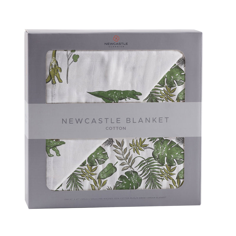 Dino Days and Tropical Forest Newcastle Blanket in box, 100% natural cotton muslin, 47" x 47".