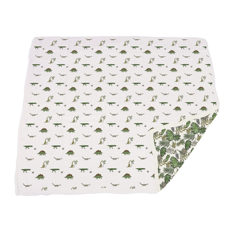 Dino Days and Tropical Forest cotton muslin blanket with dinosaur and forest print.