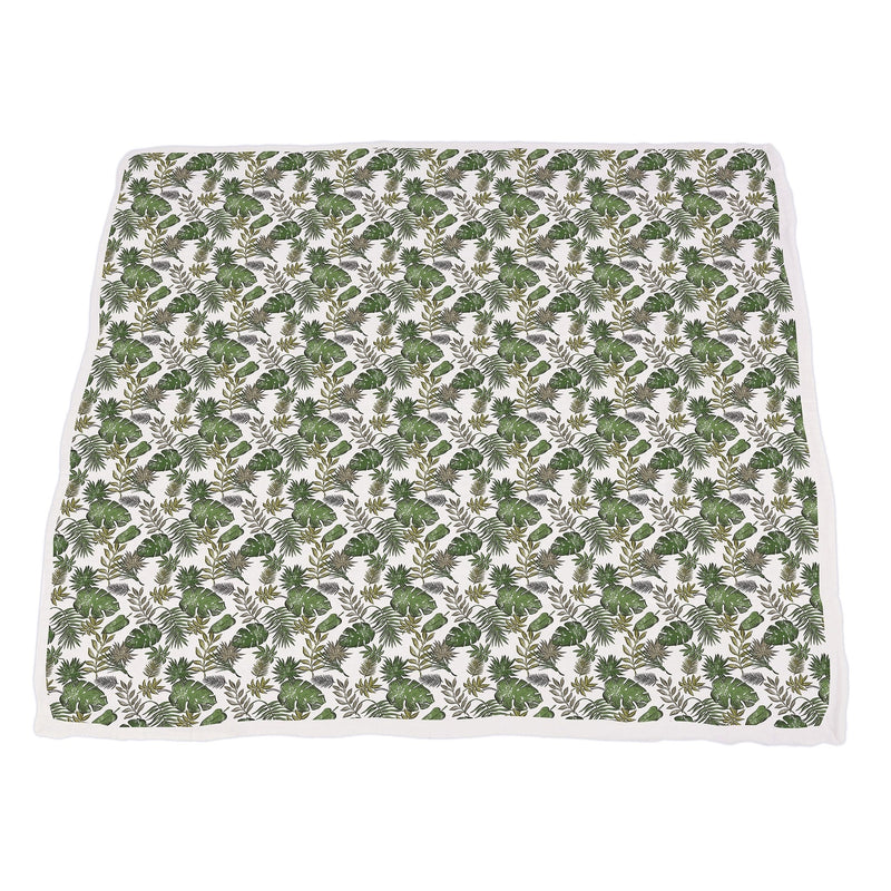 Dino Days and Tropical Forest cotton muslin blanket with dinosaur and forest print.