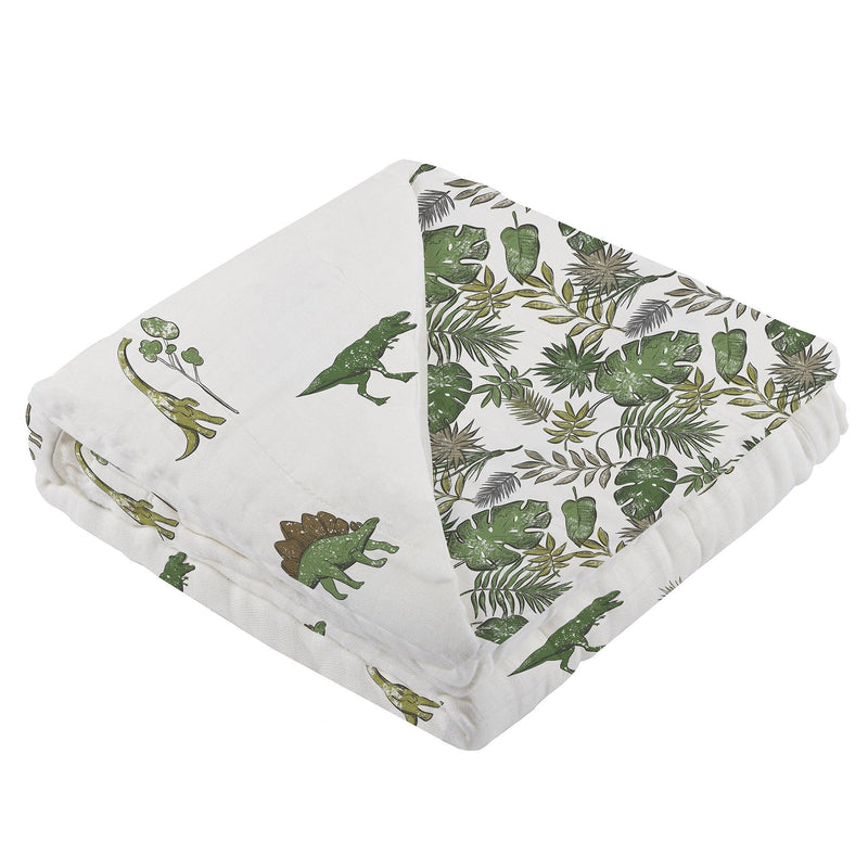 Dino Days and Tropical Forest design on natural cotton muslin blanket, 47x47 inches.