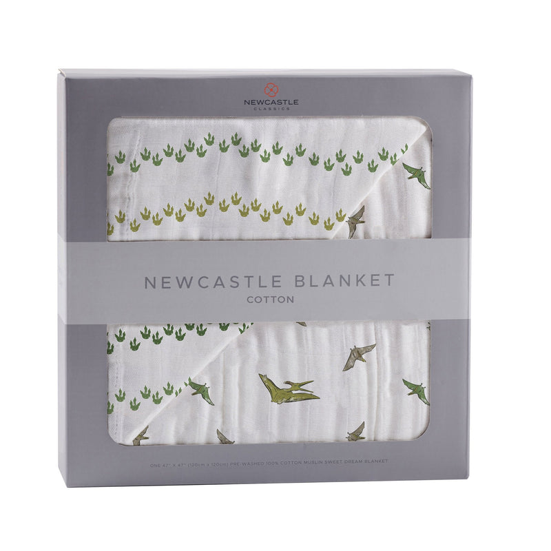 Dino Feet and Pteranodon print cotton muslin blanket in packaging.