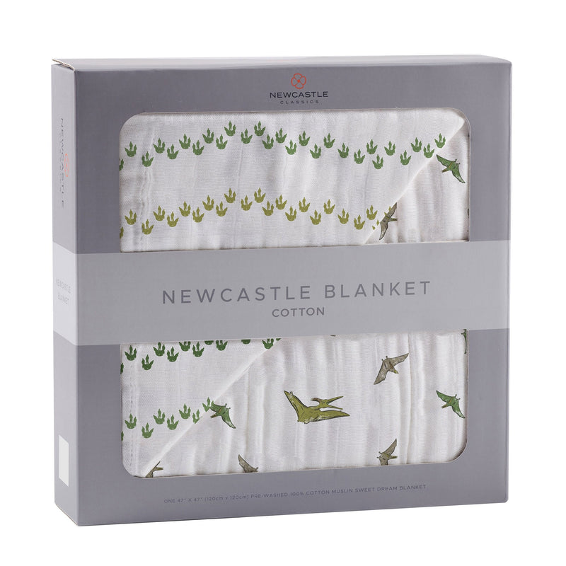 Cotton muslin blanket with dino feet and pteranodon print, 47x47 inches.