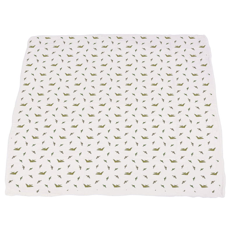 Dino Feet and Pteranodon cotton muslin blanket with dinosaur print, 47" x 47".