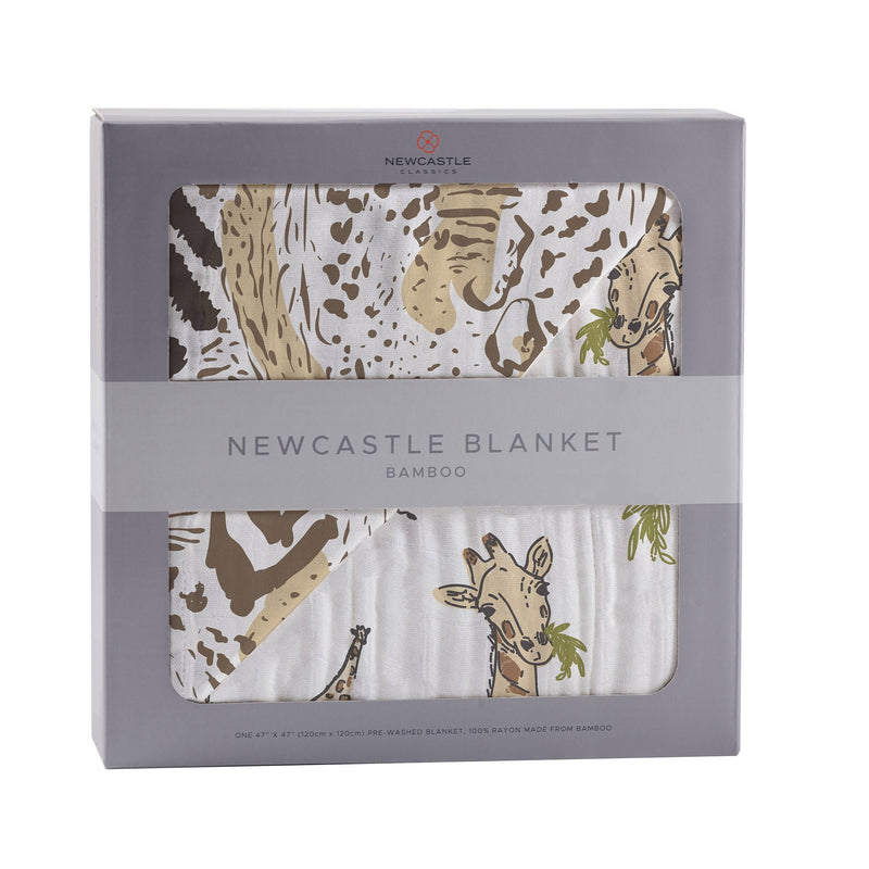 Hungry Giraffe animal print bamboo muslin blanket in packaging.