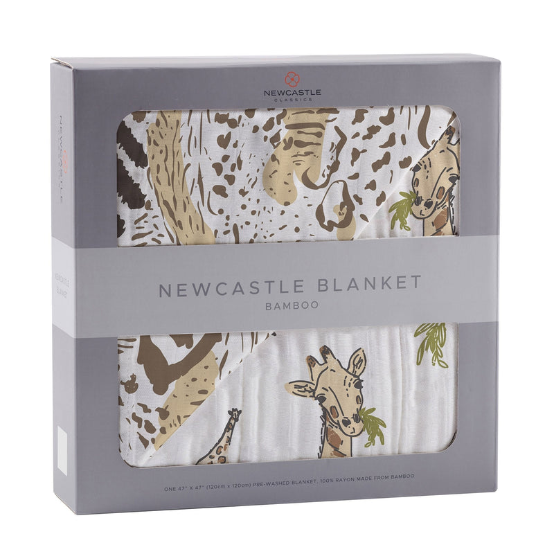 Hungry Giraffe and Animal Print Bamboo Muslin Newcastle Blanket in packaging, featuring natural bamboo fibers, 47x47 inches, soft and breathable.