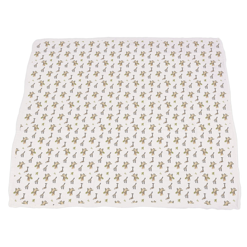 Bamboo muslin blanket with hungry giraffe and animal print design.