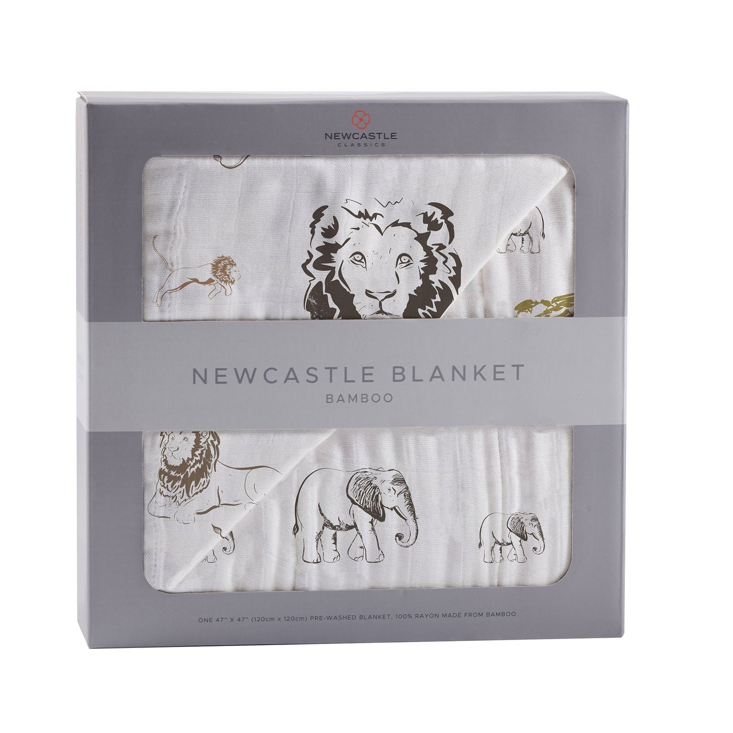Bamboo muslin baby blanket printed with lions, rhinos, and elephants in a Hear Me Roar safari design