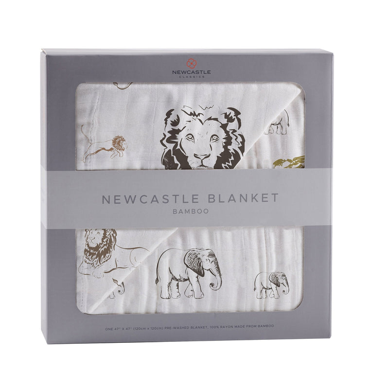 Hear Me Roar Lion bamboo muslin blanket with lion, rhino, and elephant design in packaging.