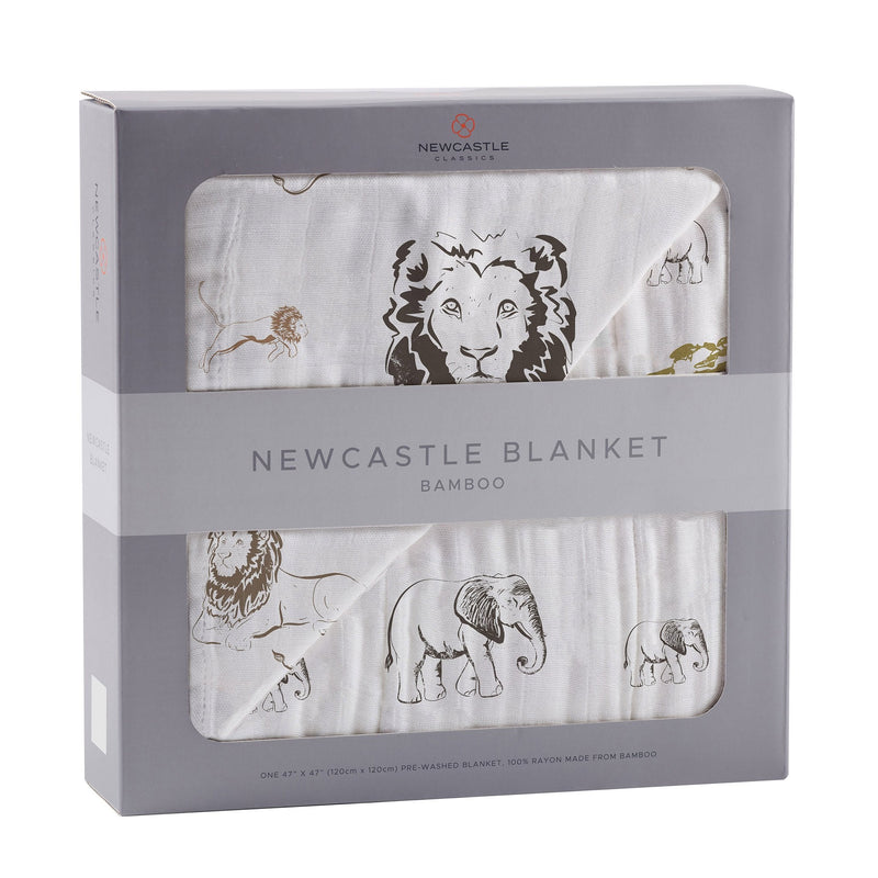 Bamboo muslin blanket with lion, rhino, and elephant print, "Hear Me Roar Lion".