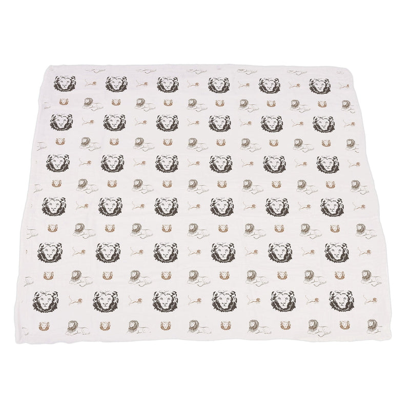 Hear Me Roar Lion and animal-themed bamboo muslin blanket, 47"x47", 100% natural fibers.