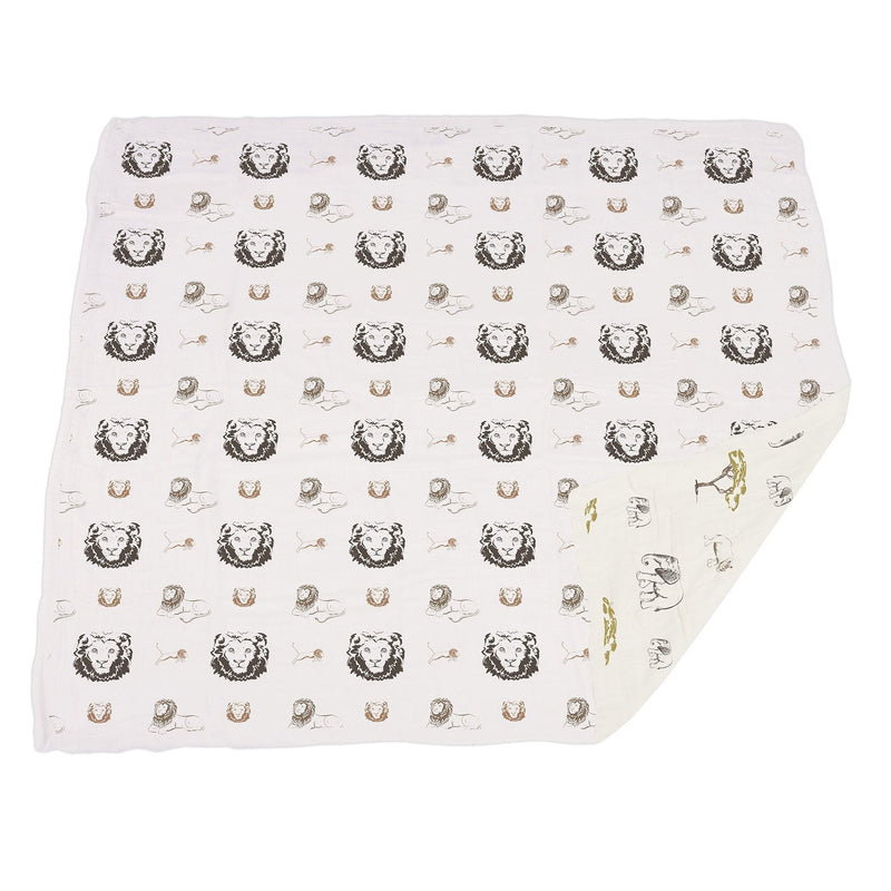 Hear Me Roar Lion and animal print bamboo muslin blanket, 47x47 inches.