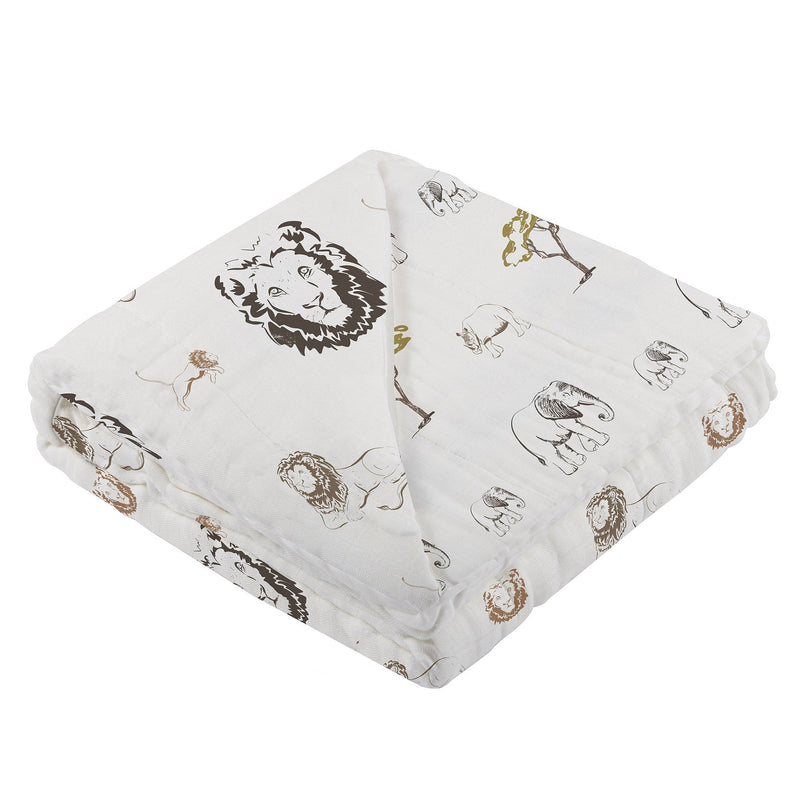 Bamboo Newcastle blanket with lion, rhino, and elephant design, 100% natural bamboo muslin.
