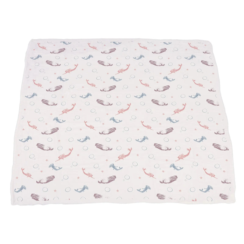 Mermaids and Scales bamboo muslin blanket with whimsical aquatic design.
