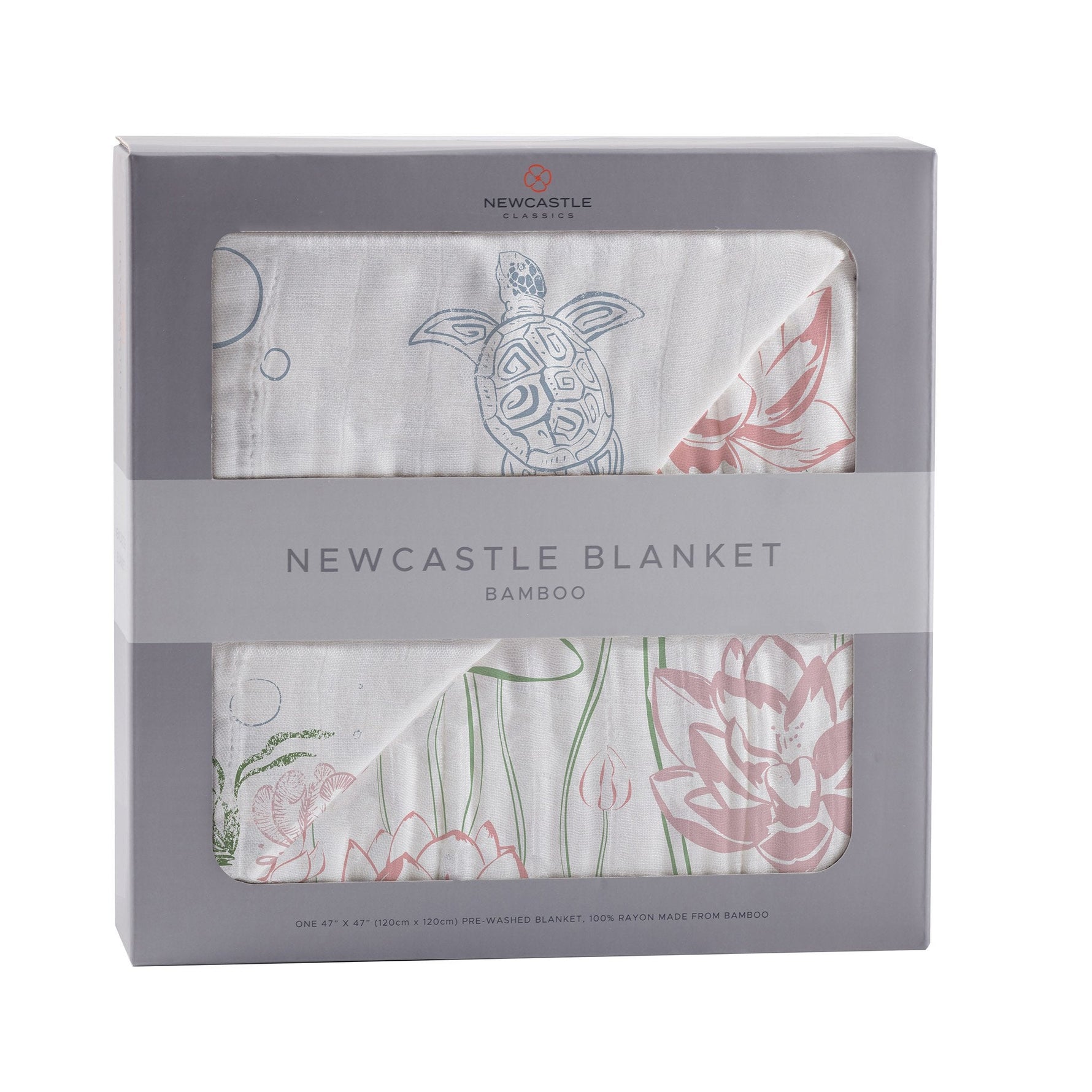 Bamboo muslin baby blanket printed with turtles and water lily flowers