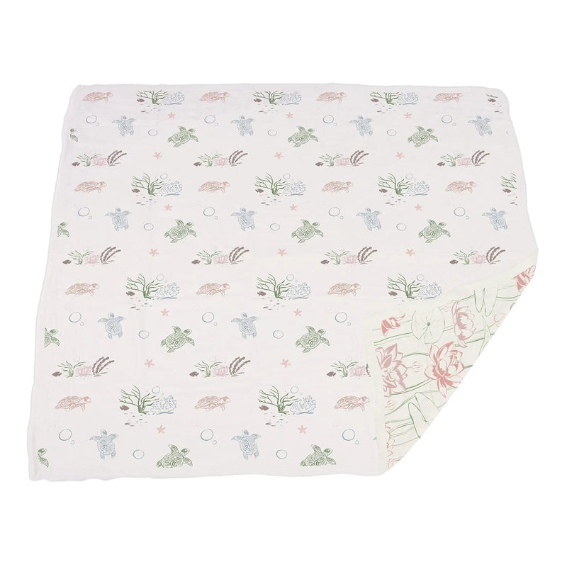 Turtles and Water Lily bamboo muslin blanket with nature print.