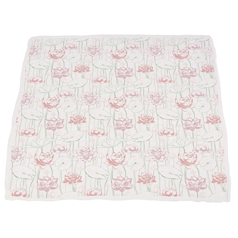 Bamboo muslin blanket with turtles and water lily pattern.