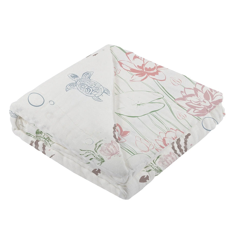 Turtles and Water Lily bamboo muslin blanket, 47x47 inches, natural fibers, cozy and breathable.