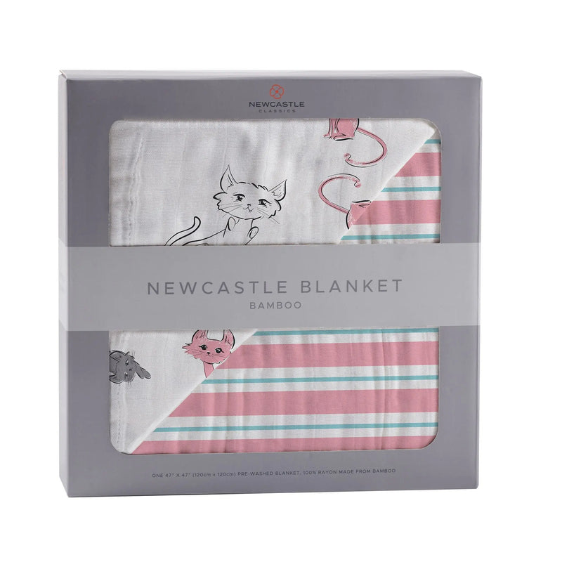 Playful Kitty and Candy Stripe bamboo muslin blanket for kids, soft and breathable, 100% natural bamboo, size 47" x 47".