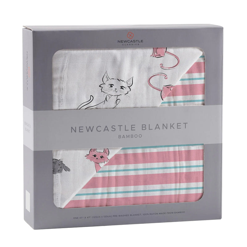 Playful Kitty and Candy Stripe bamboo muslin blanket in packaging.