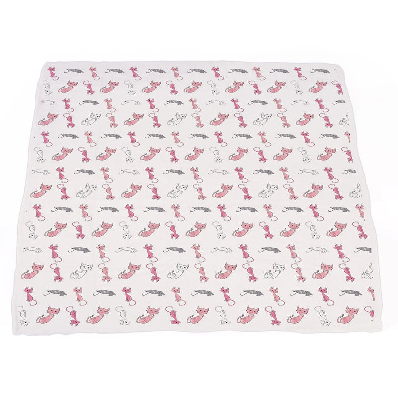 Playful Kitty and Candy Stripe bamboo muslin blanket, soft and breathable, 47" x 47".