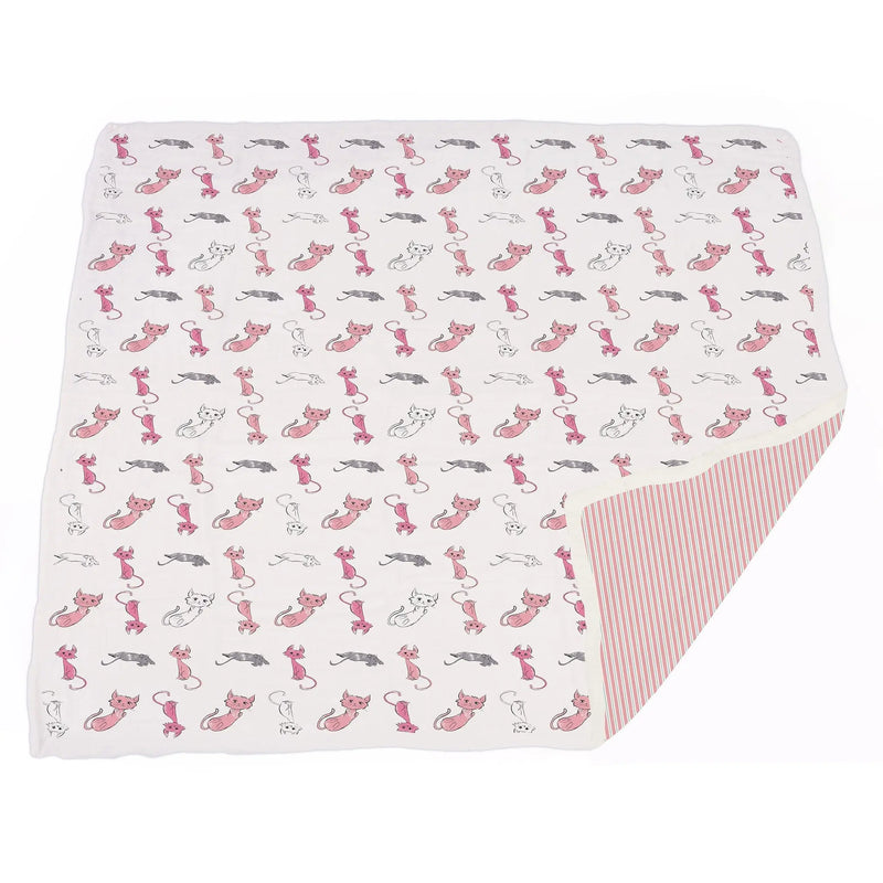 Playful Kitty and Candy Stripe bamboo muslin blanket, soft and breathable, 47" x 47".