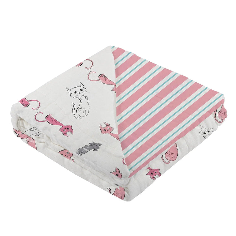 Playful Kitty and Candy Stripe bamboo muslin blanket with pink and white design.
