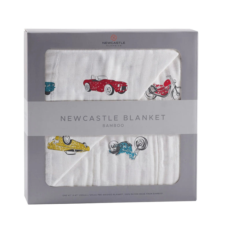 Vintage muscle cars and motorcycles bamboo muslin blanket in packaging.