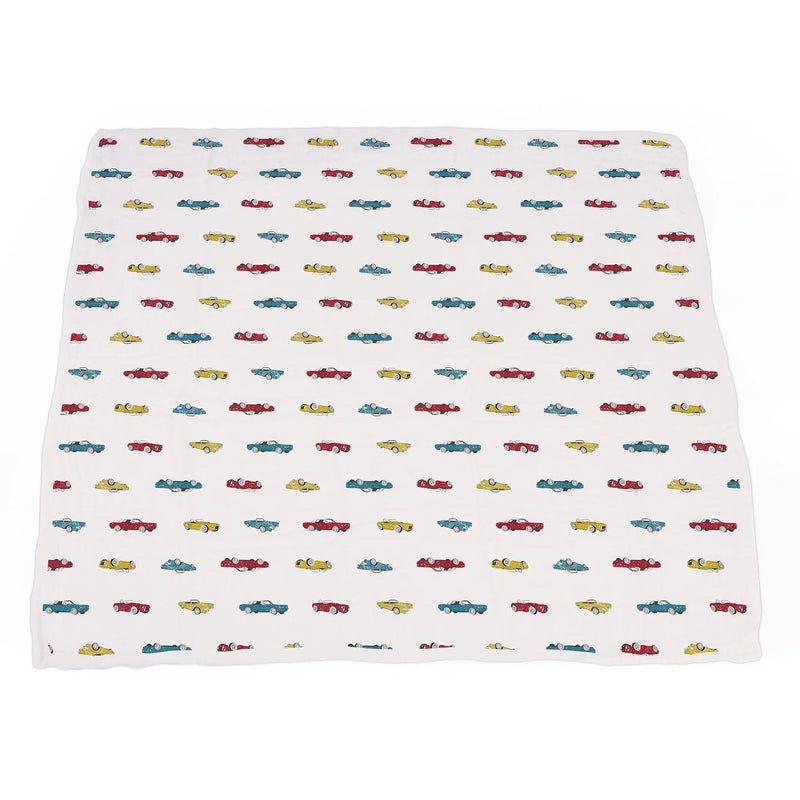 Vintage Muscle Cars and Motorcycles Bamboo Muslin Blanket with colorful car pattern.