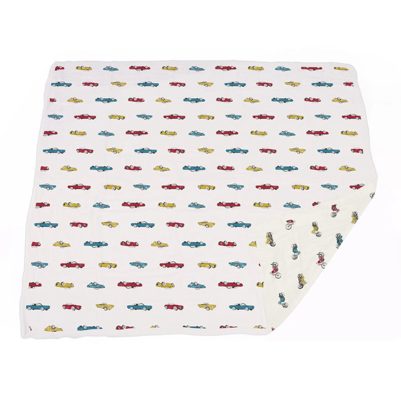 Vintage muscle cars bamboo muslin blanket with colorful car prints.