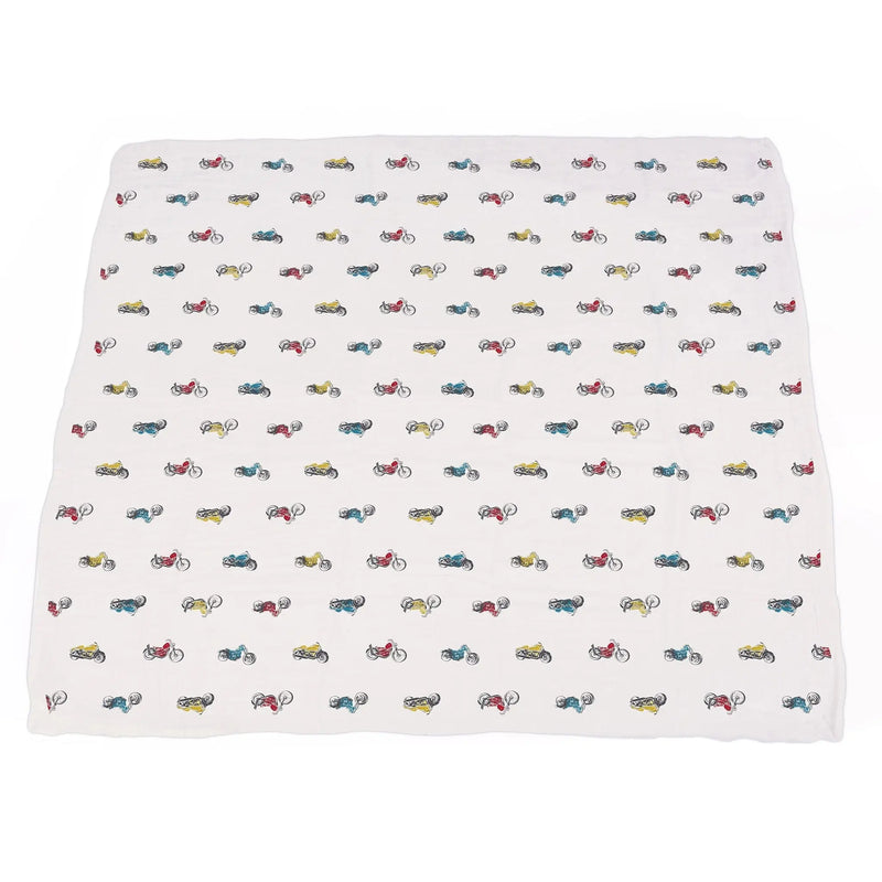 Vintage Muscle Cars and Motorcycles Bamboo Muslin Blanket featuring colorful vehicle patterns.