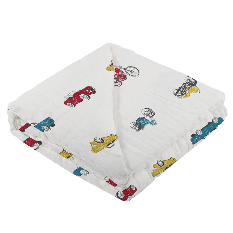 Vintage muscle cars and motorcycles design on bamboo muslin blanket, 47"x47".