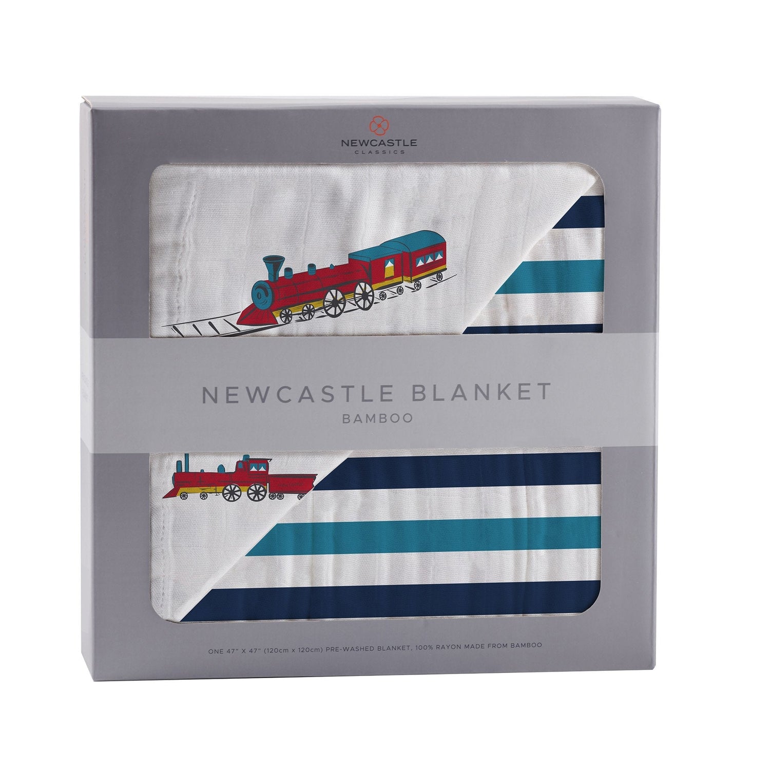 Bamboo muslin blanket with vintage steam train print and blue stripes, spread out flat.