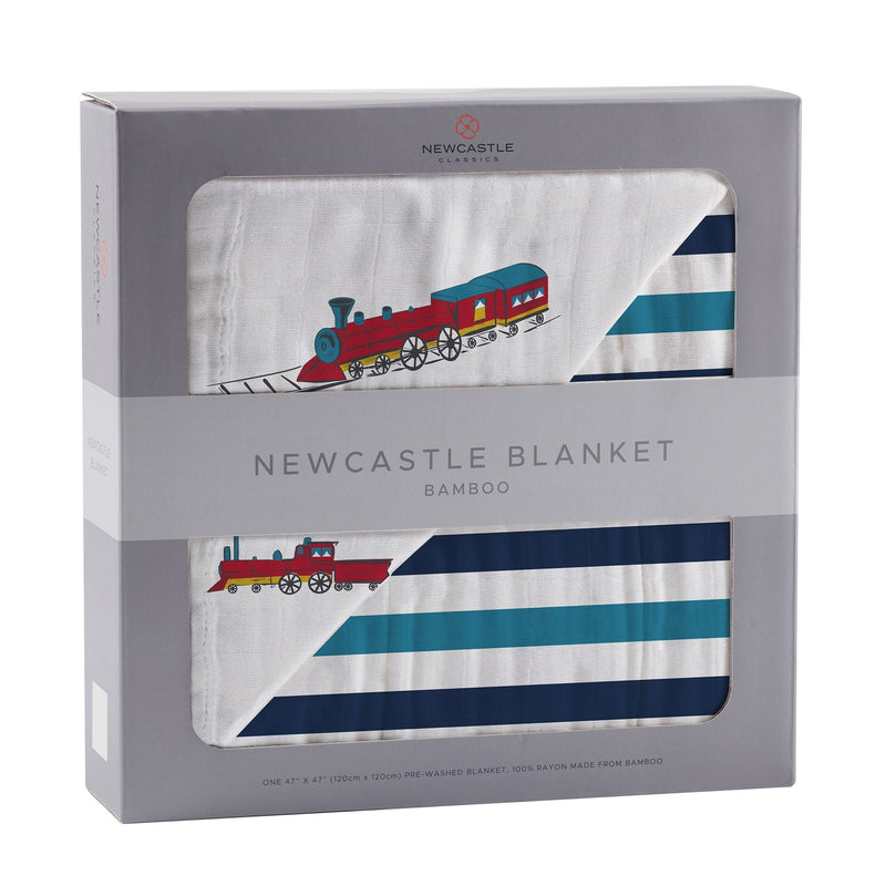Vintage steam trains blue stripe bamboo muslin blanket in packaging.