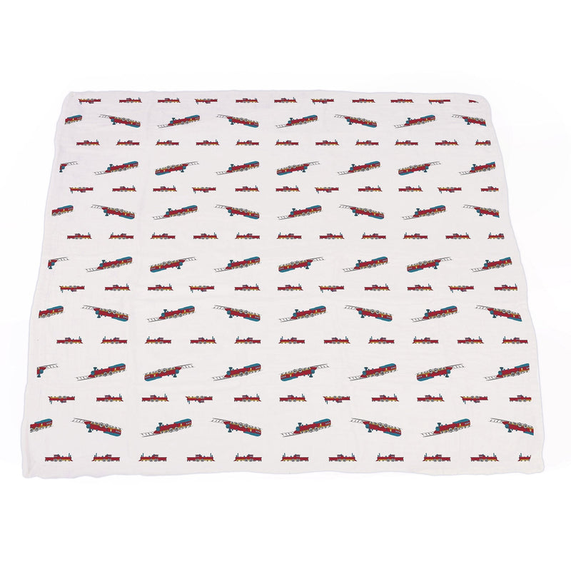 Vintage steam trains and blue stripe bamboo muslin blanket, 100% natural and breathable, 47" x 47".