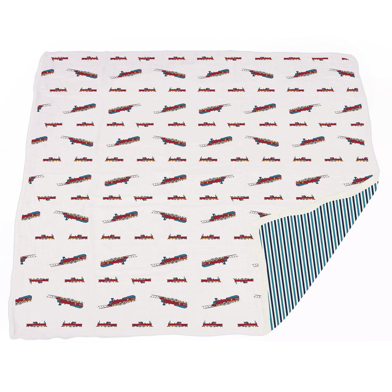 Vintage steam trains and blue stripe bamboo muslin blanket, 47x47 inches, for kids.
