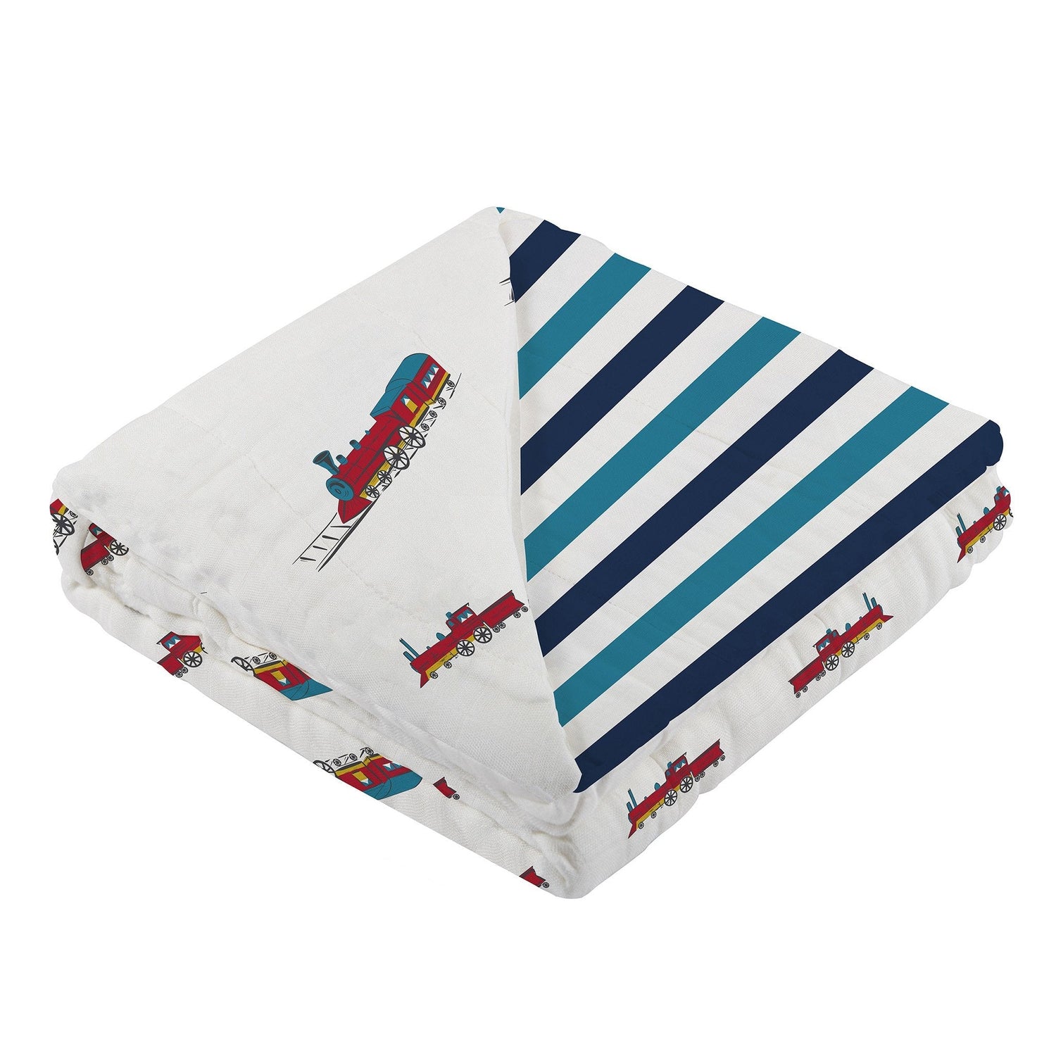 Vintage Steam Trains and Blue Stripe Bamboo Muslin Newcastle Blanket by Newcastle Classics (view 2 of 6)