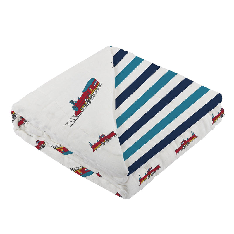 Vintage steam trains bamboo muslin blanket with blue stripe, 100% natural, 47" x 47".