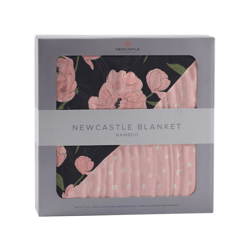 Peonies and Pearl Polka Dot Newcastle Blanket in box, bamboo muslin.