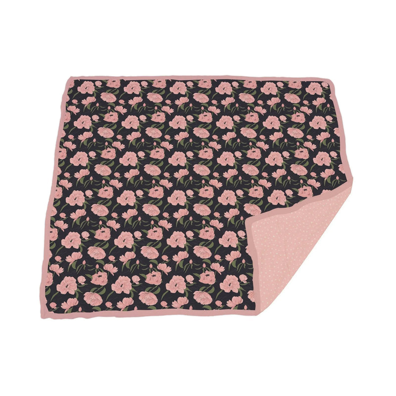 Peonies and Pearl Polka Dot Newcastle Blanket made of 100% natural bamboo muslin, measuring 47" x 47".