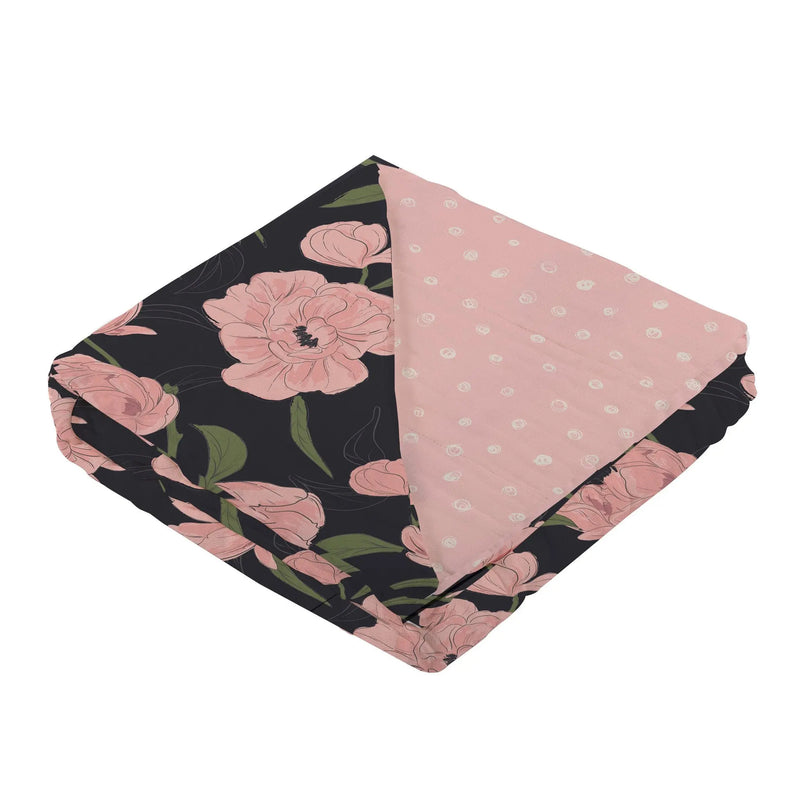 Peonies and Pearl Polka Dot Newcastle Blanket made of natural bamboo muslin.