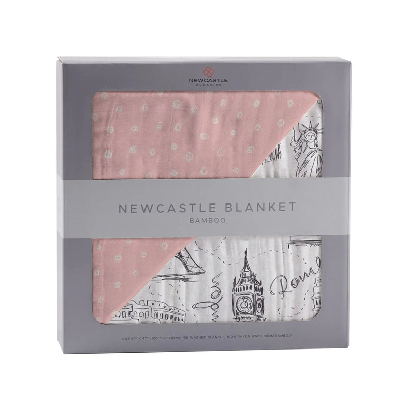 Pearl Polka Dot bamboo muslin blanket with city prints, 47" x 47".