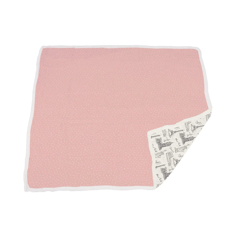 Pearl Polka Dot bamboo muslin blanket with London, Paris, New York, and Newcastle print.