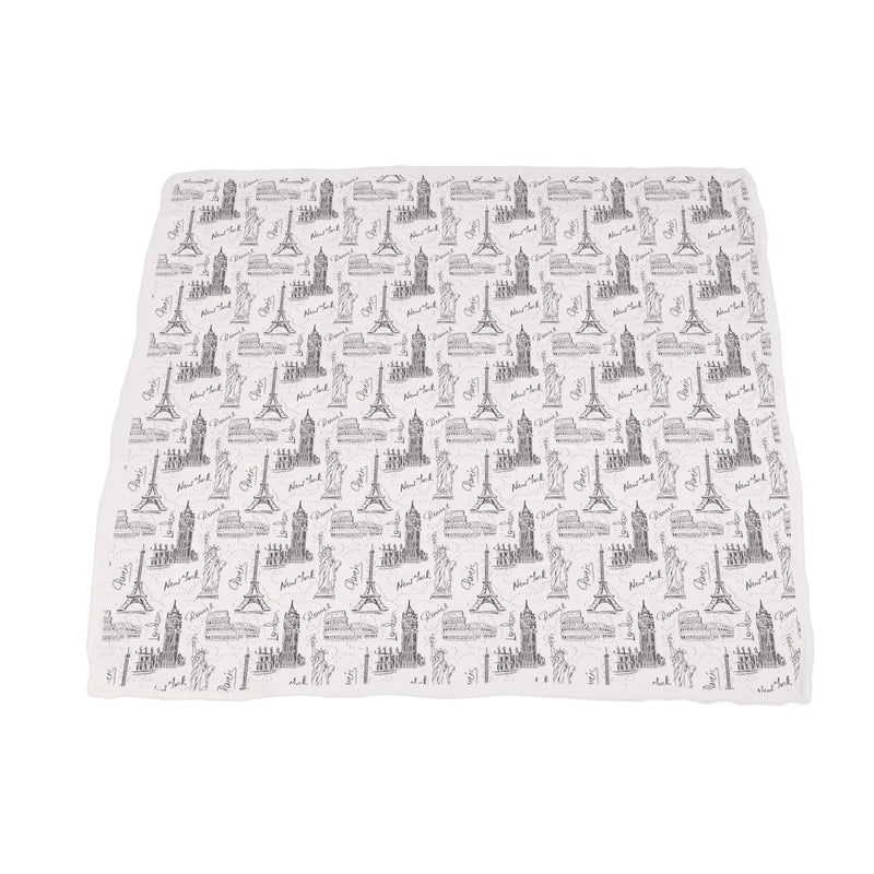 Pearl Polka Dot bamboo muslin blanket with city icons design on white background.