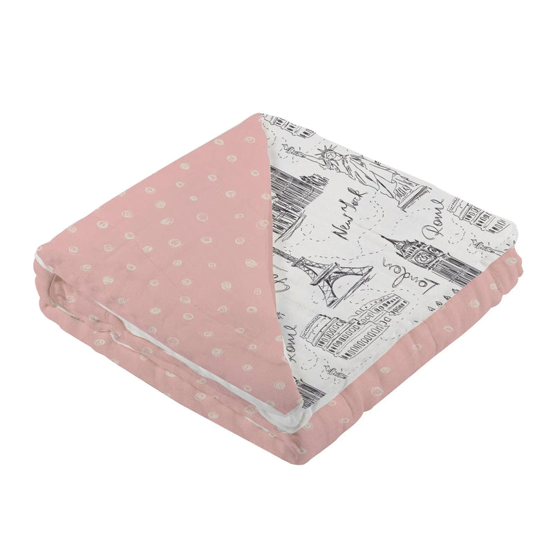 Pearl polka dot bamboo muslin blanket with travel city landmarks design.