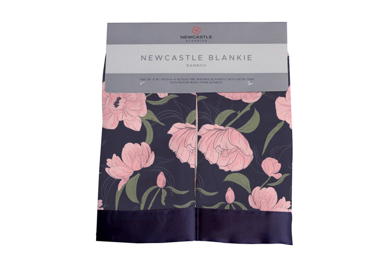 Peonies Newcastle Blankie featuring pink floral design on bamboo muslin fabric.