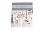 Small square bamboo muslin baby security blanket printed with London, Paris, and New York text and city motifs.