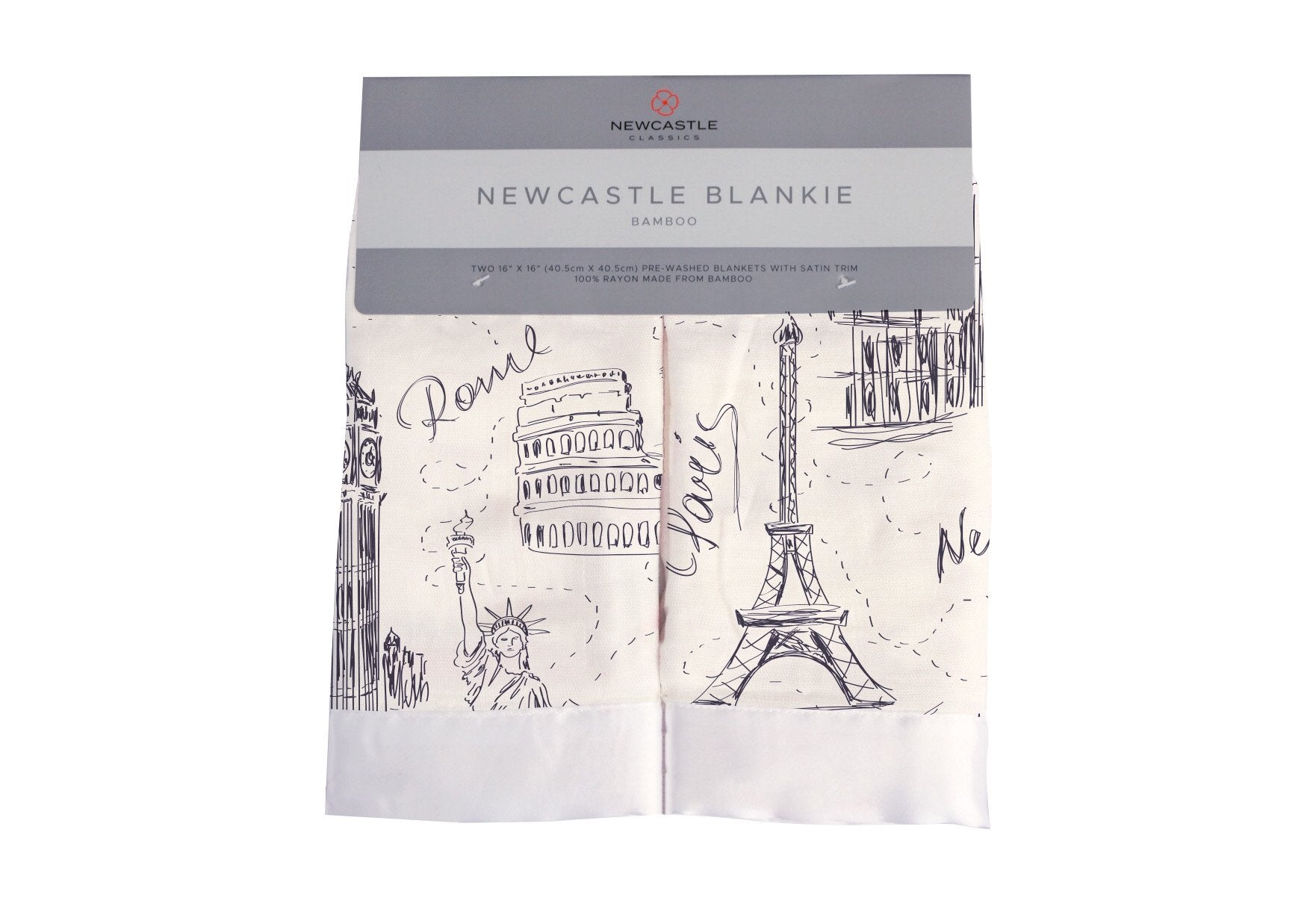 Small square bamboo muslin baby security blanket printed with London, Paris, and New York text and city motifs.