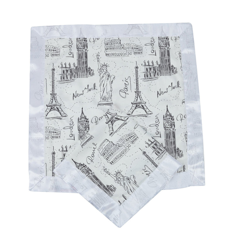 Newcastle Blankie with London, Paris, New York design; 100% natural bamboo muslin.