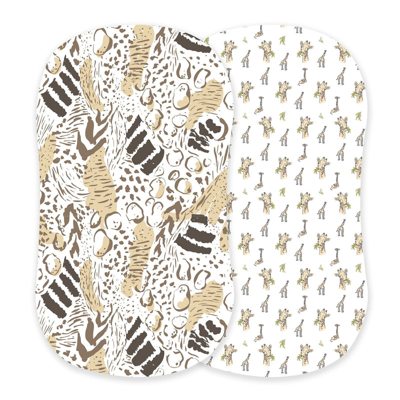 Animal print and giraffe bamboo bassinet sheets, breathable and soft.